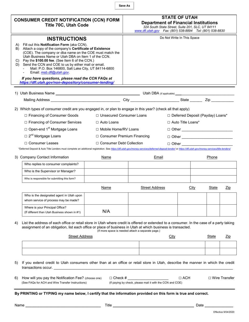 Consumer Credit Notification (Ccn) Form - Utah, Page 1