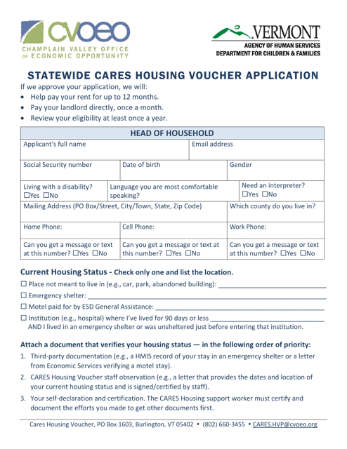 Statewide Cares Housing Voucher Application - Vermont