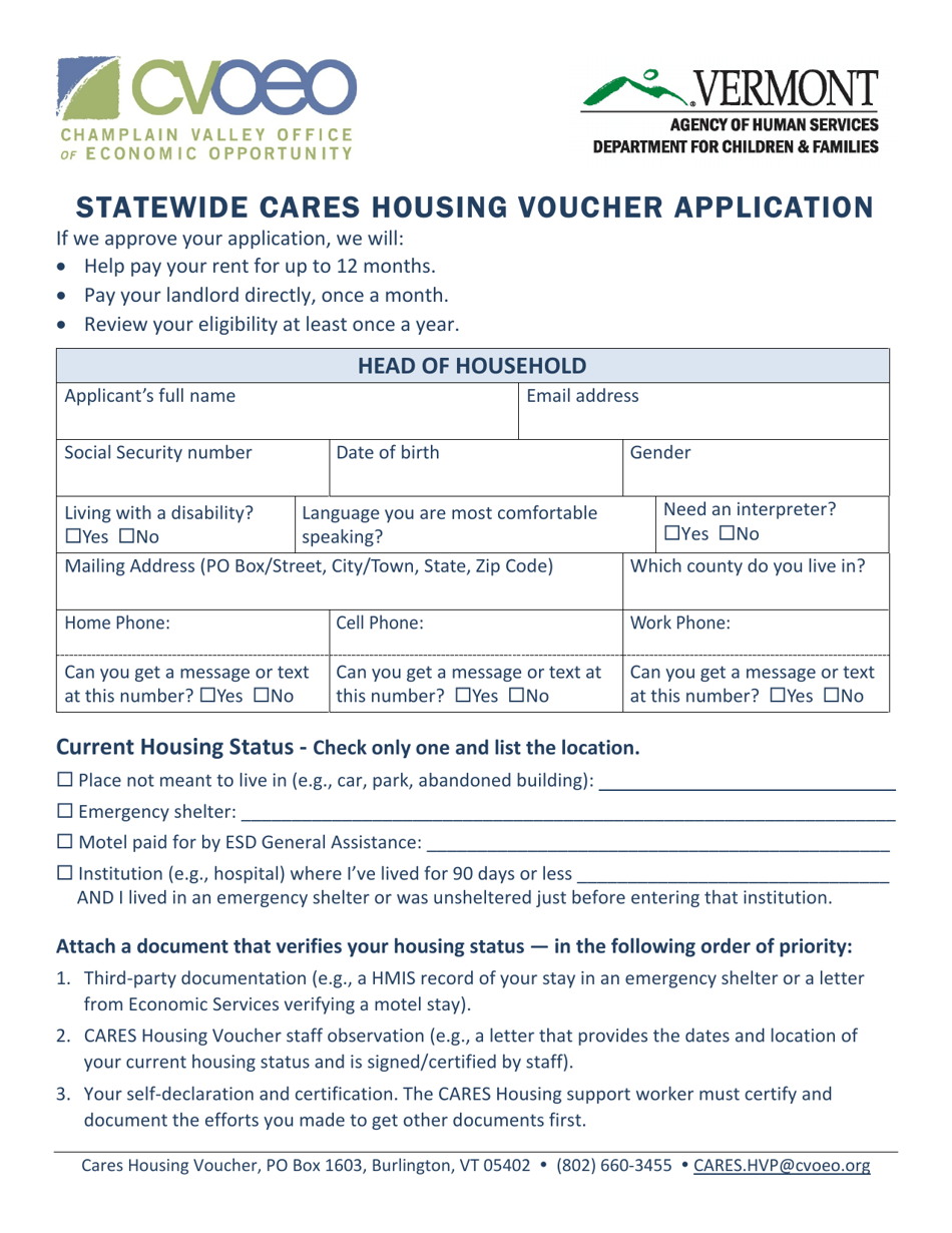 Vermont Statewide Cares Housing Voucher Application Fill Out, Sign
