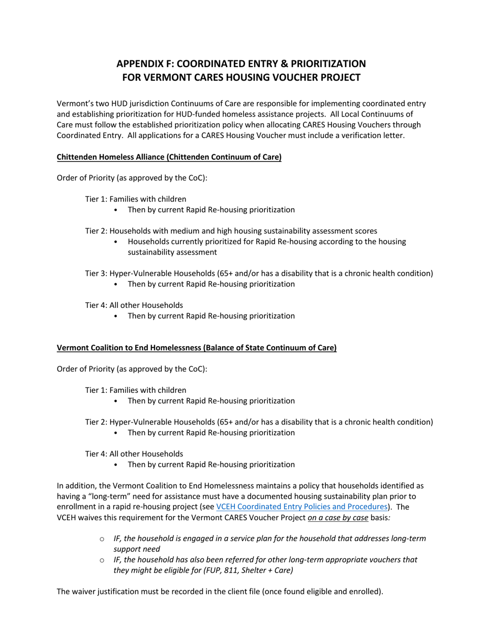 Appendix F Coordinated Entry  Prioritization for Vermont Cares Housing Voucher Project - Vermont, Page 1