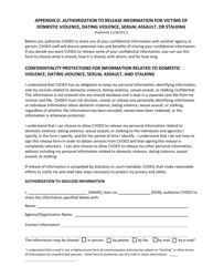Document preview: Appendix O Authorization to Release Information for Victims of Domestic Violence, Dating Violence, Sexual Assault, or Stalking - Vermont