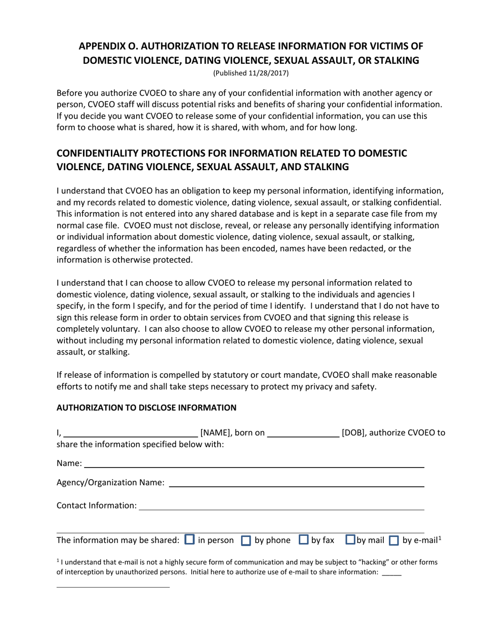 Appendix O Authorization to Release Information for Victims of Domestic Violence, Dating Violence, Sexual Assault, or Stalking - Vermont, Page 1
