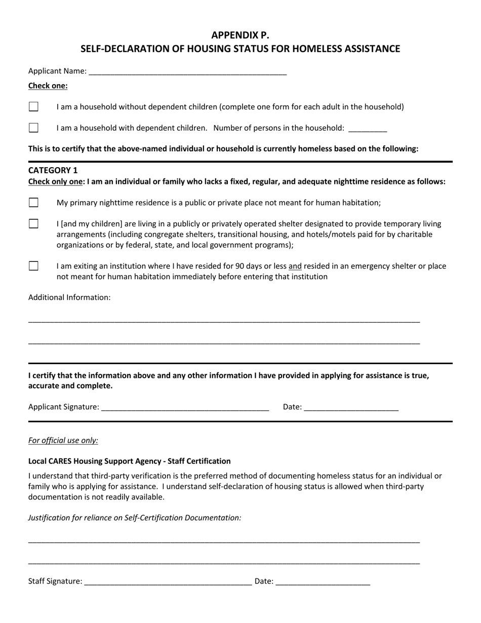 Appendix P Self-declaration of Housing Status for Homeless Assistance - Vermont, Page 1