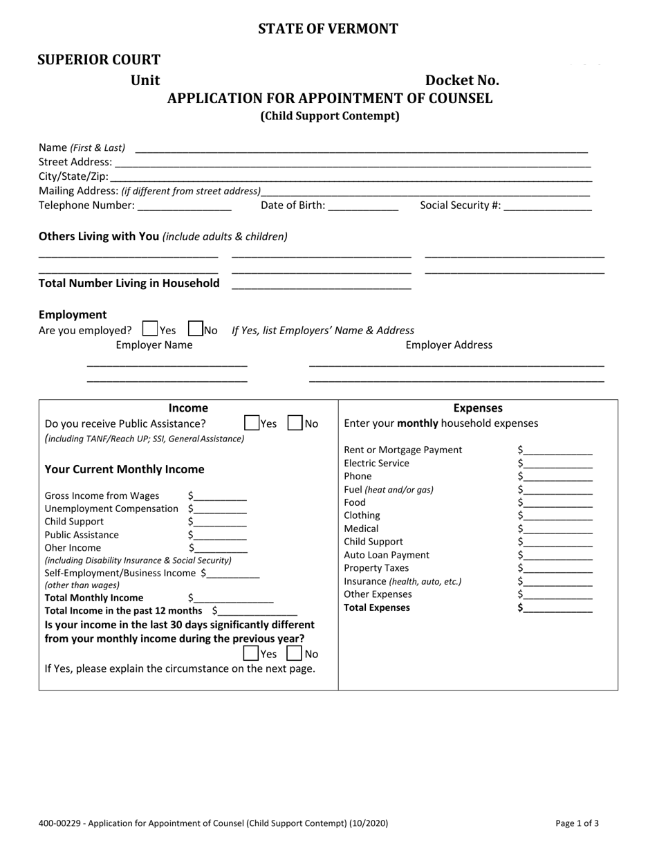 Form 400-00229 Application for Appointment of Counsel (Child Support Contempt) - Vermont, Page 1
