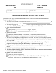Document preview: Form 400-00841 Stipulation and Motion to Waive Final Hearing - Vermont