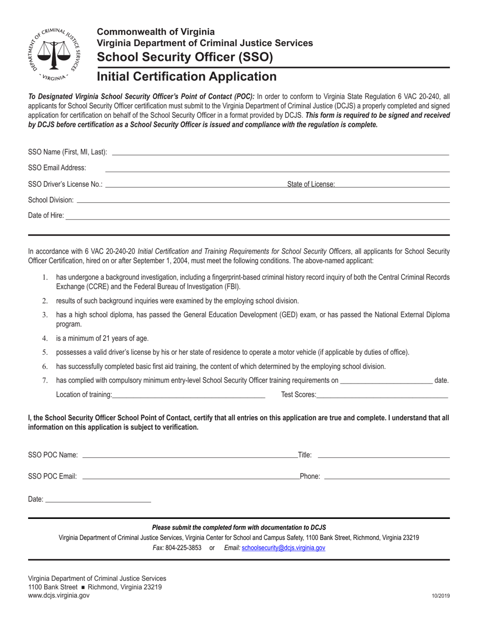 School Security Officer (Sso) Initial Certification Application - Virginia, Page 1