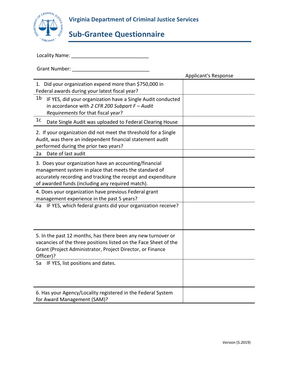 Sub-grantee Questionnaire - Virginia, Page 1