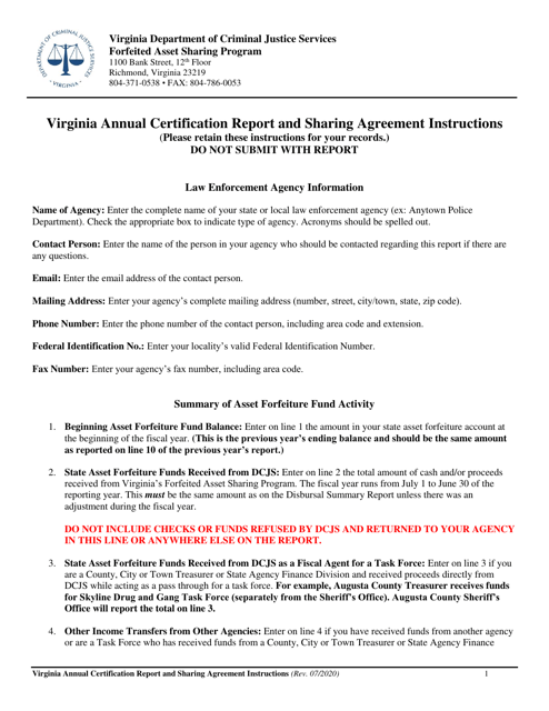 Instructions for Virginia Annual Certification Report and Sharing Agreement - Virginia Download Pdf