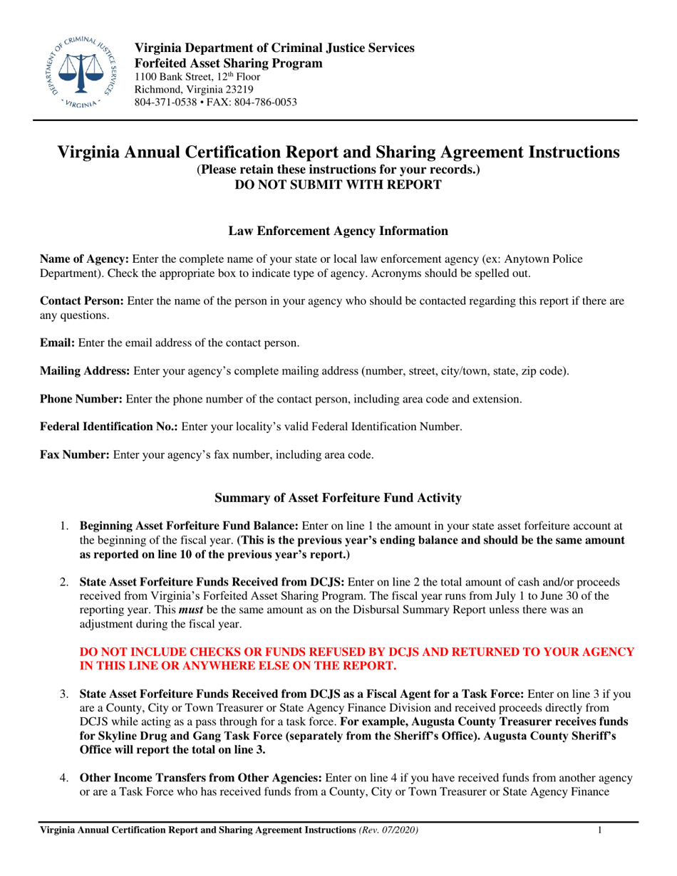 Instructions for Virginia Annual Certification Report and Sharing Agreement - Virginia, Page 1
