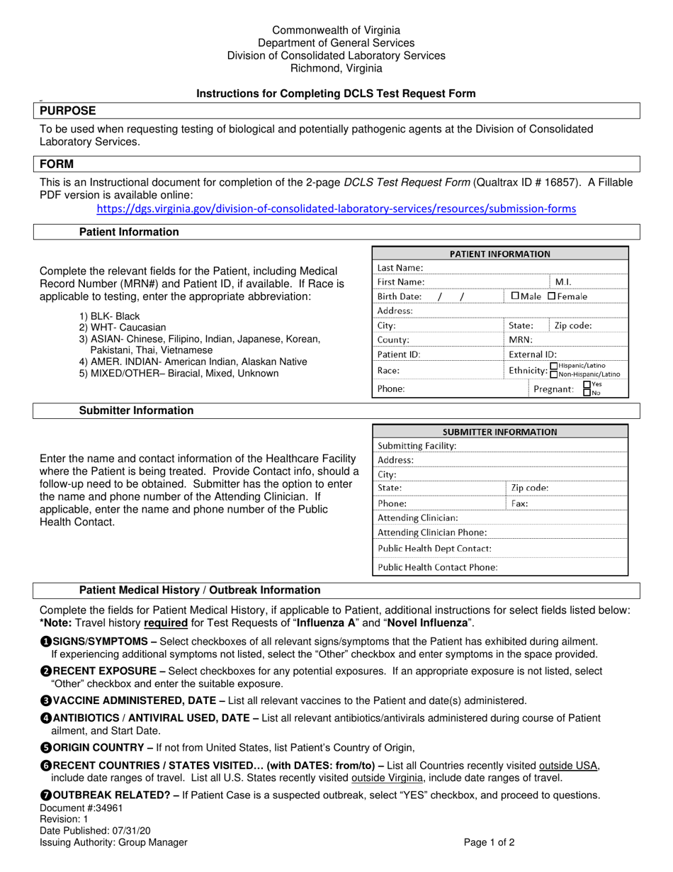 Instructions for Form 16857 Dcls Test Request Form - Virginia, Page 1