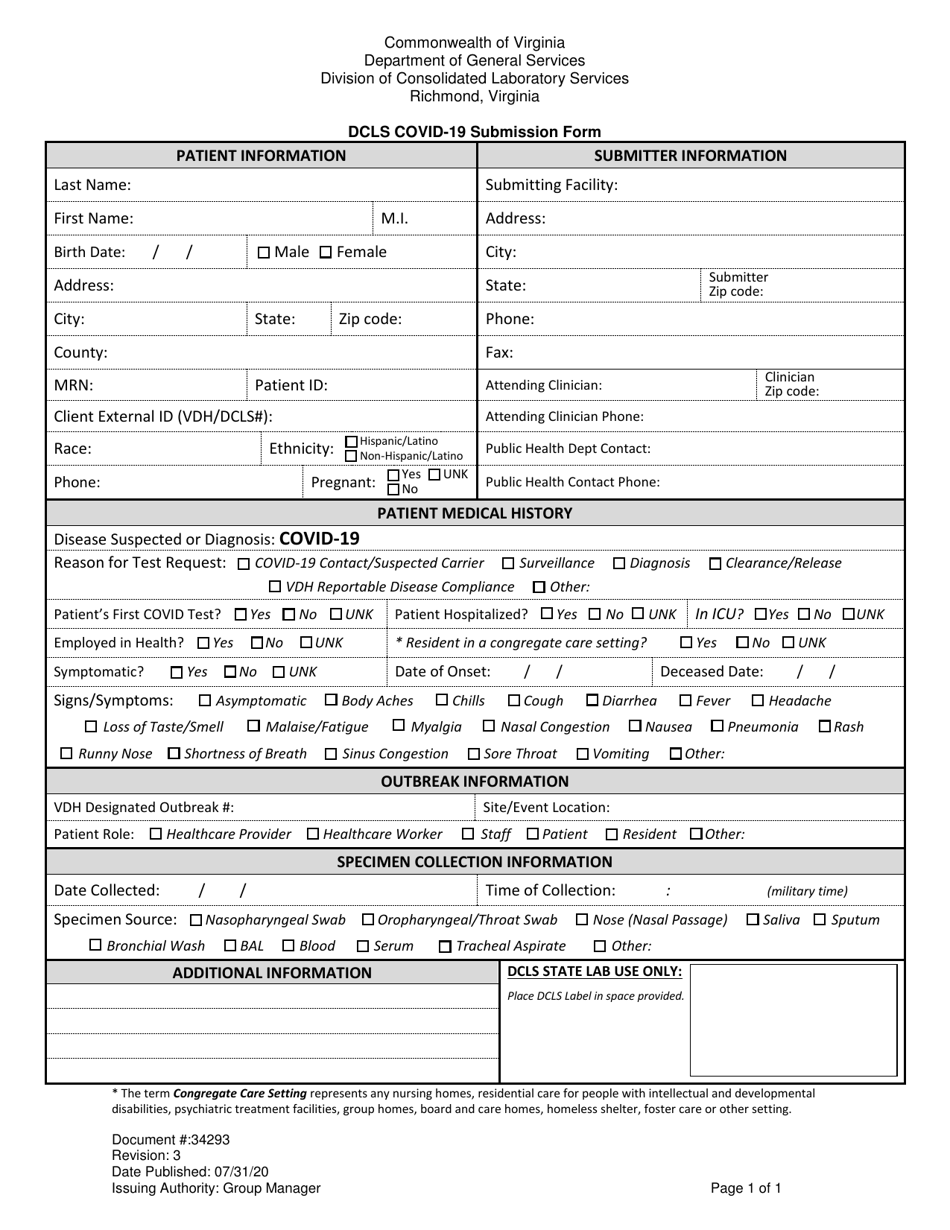 Form 34293 Dcls Covid-19 Submission Form - Virginia, Page 1