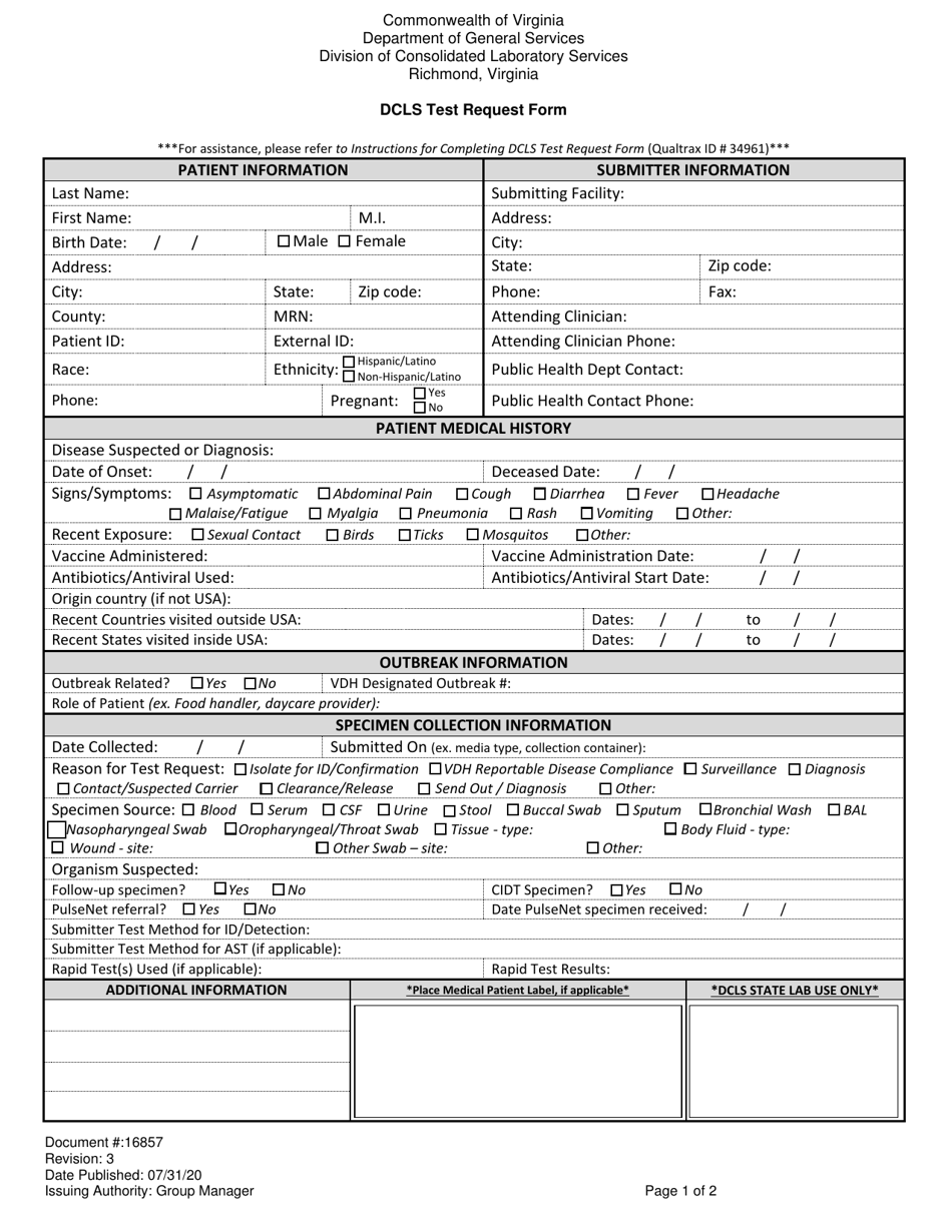 Form 16857 Dcls Test Request Form - Virginia, Page 1