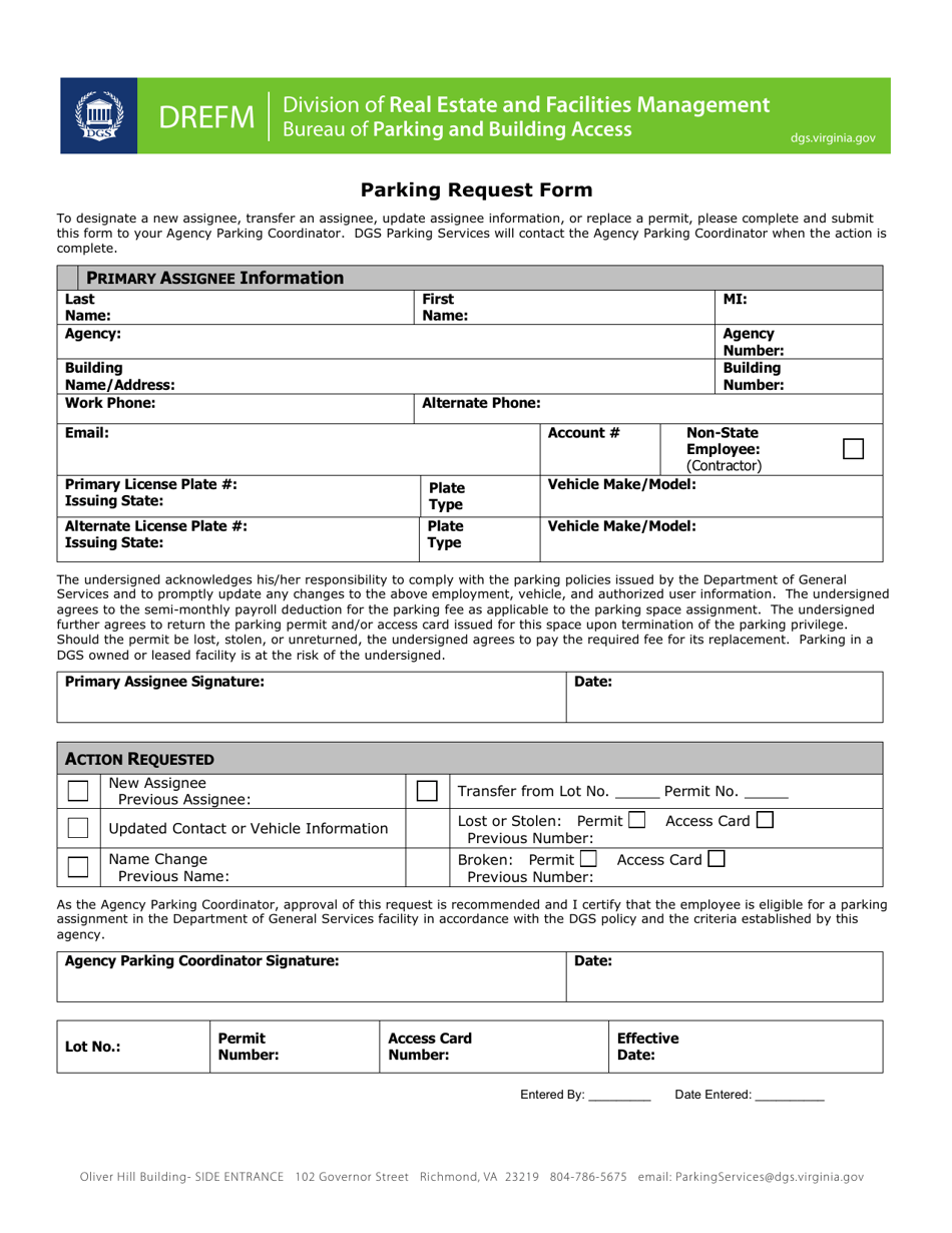 Virginia Parking Request Form - Fill Out, Sign Online and Download PDF