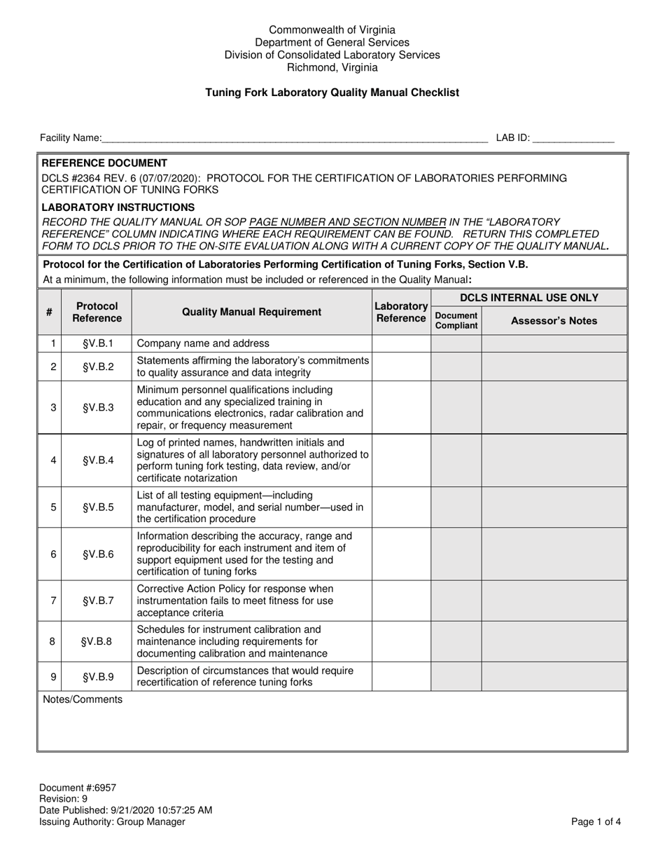 Form 6957 Tuning Fork Laboratory Quality Manual Checklist - Virginia, Page 1