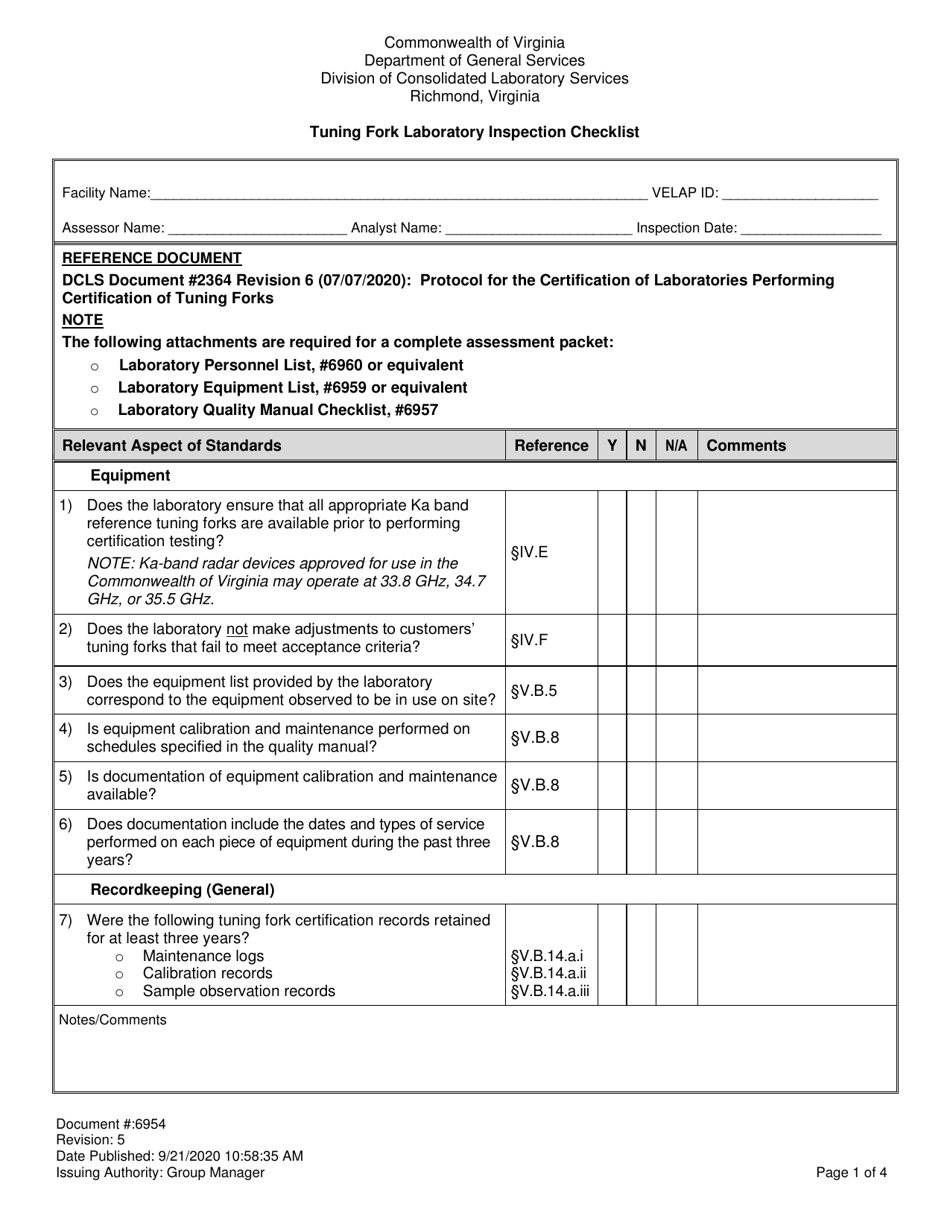 Form 6954 Tuning Fork Laboratory Inspection Checklist - Virginia, Page 1