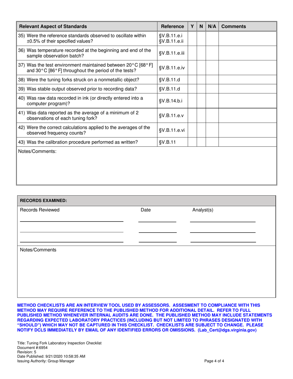 Form 6954 Tuning Fork Laboratory Inspection Checklist - Virginia, Page 4