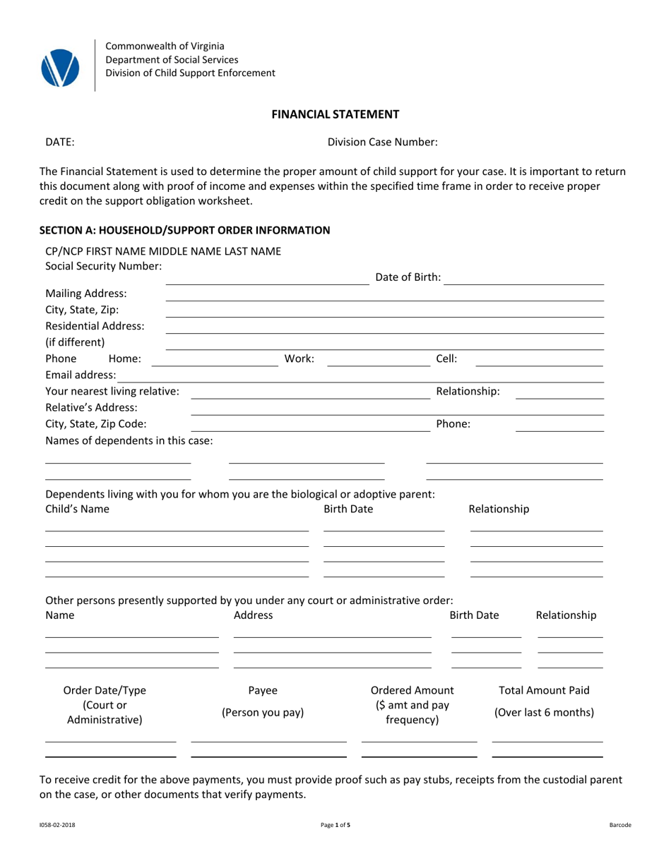 Form I058-02-2018 Financial Statement - Virginia, Page 1