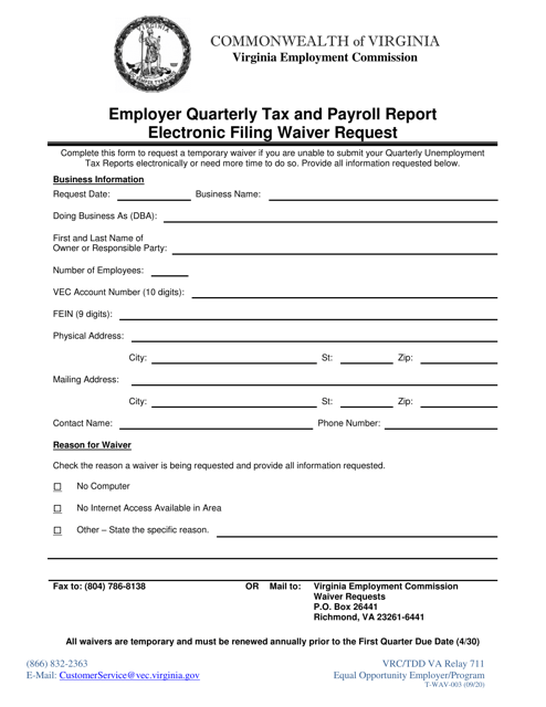 Form T-WAV-003 Employer Quarterly Tax and Payroll Report Electronic Filing Waiver Request - Virginia