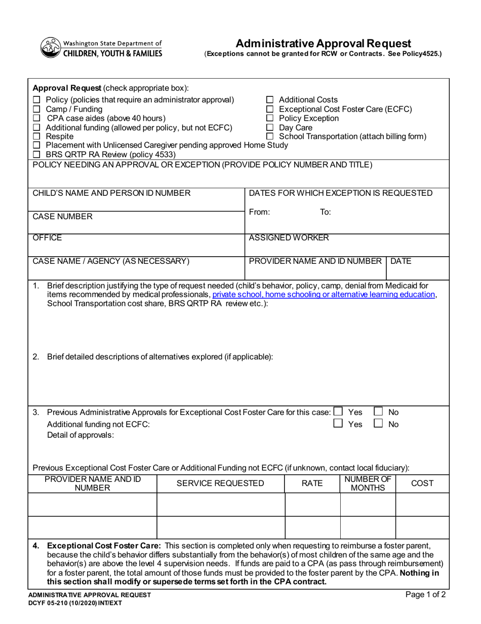 DCYF Form 05-210 Administrative Approval Request - Washington, Page 1
