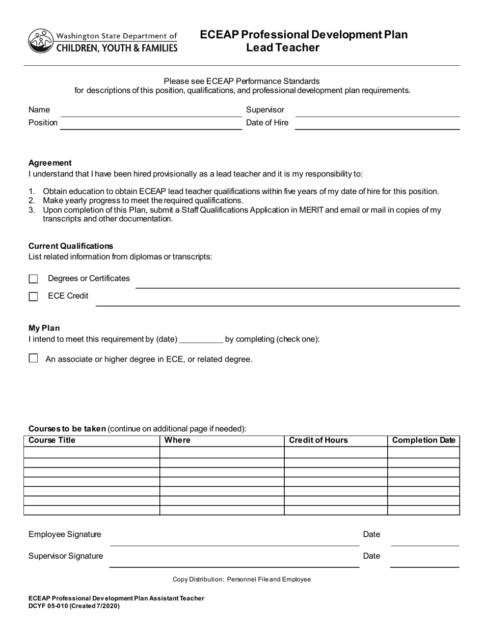 DCYF Form 05-010 Eceap Professional Development Plan Lead Teacher - Washington, Page 1
