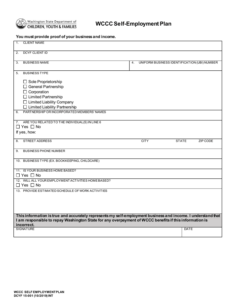DCYF Form 15-001 Wccc Self-employment Plan - Washington, Page 1