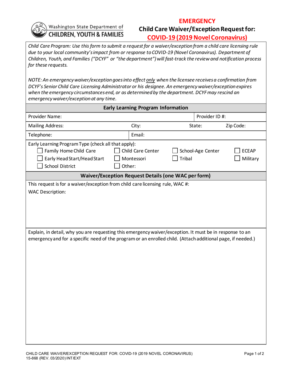 DCYF Form 15-868 Emergency Child Care Waiver / Exception Requestfor: Covid-19 (2019 Novel Coronavirus) - Washington, Page 1