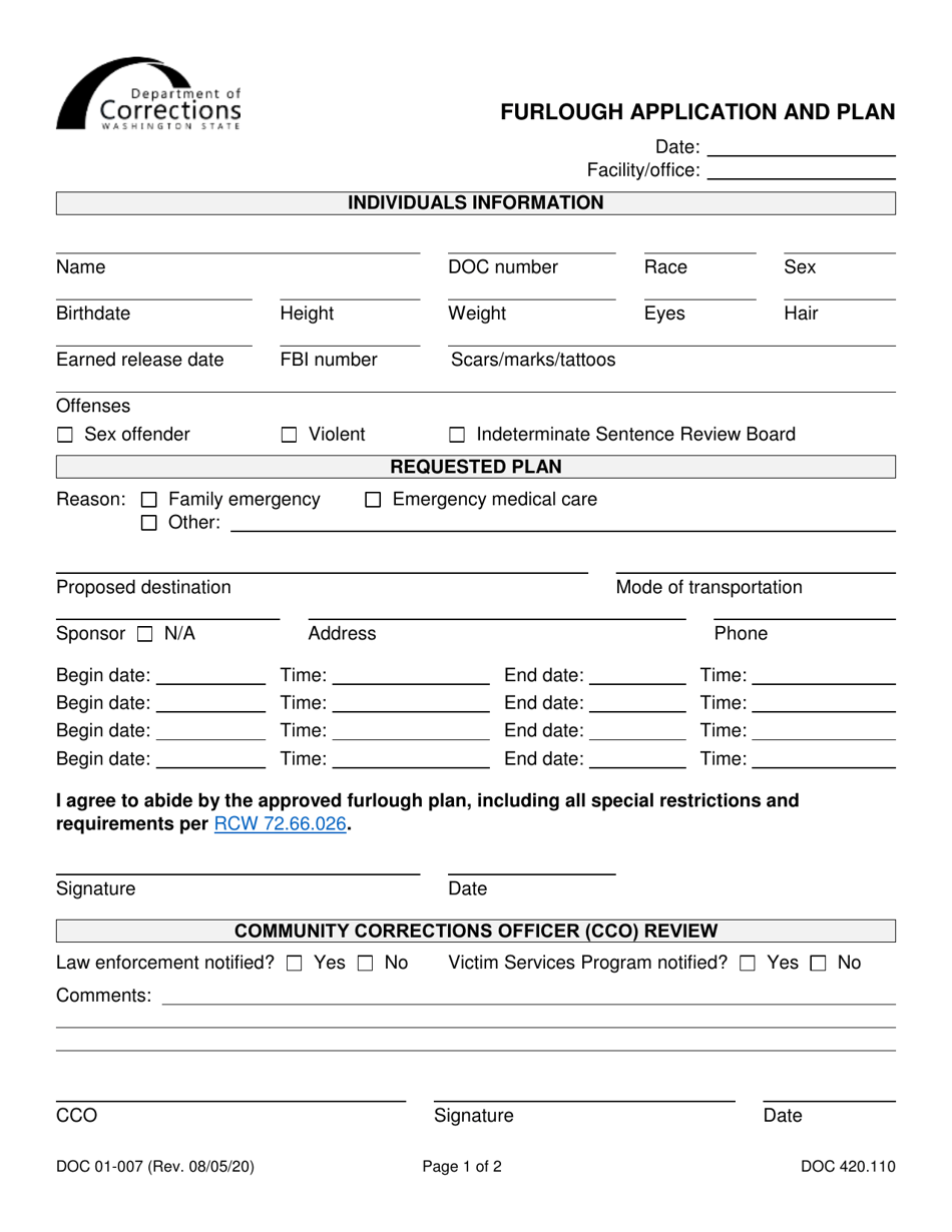 Form DOC01-007 Furlough Application and Plan - Washington, Page 1