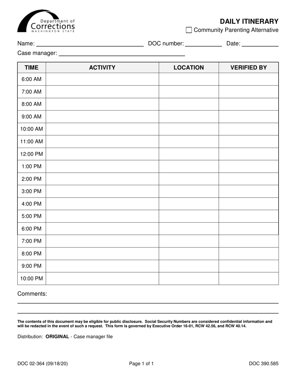 Form DOC02-364 Download Printable PDF or Fill Online Daily Itinerary ...