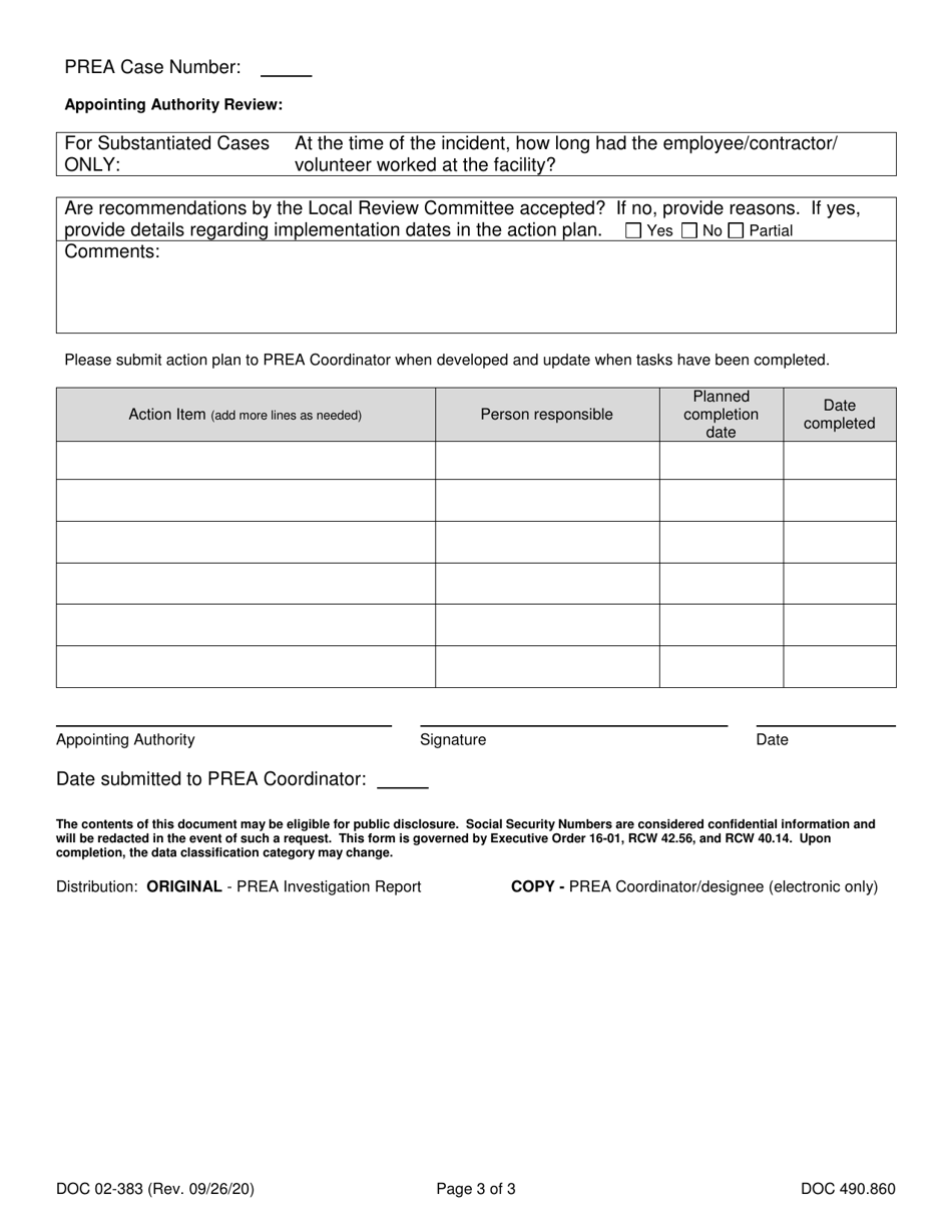 Form DOC02-383 Local Prea Investigation Review Checklist - Washington, Page 3