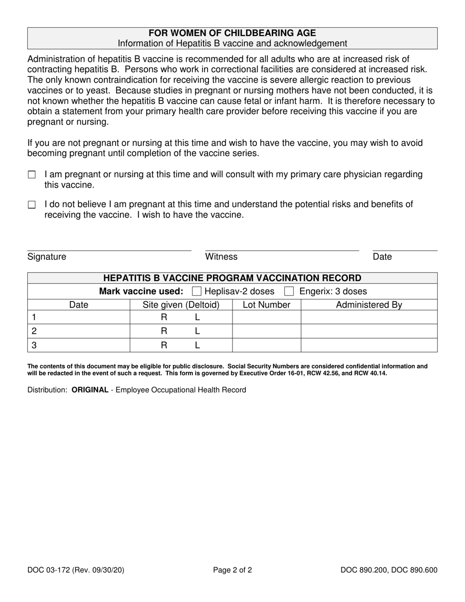 Form DOC03-172 Hepatitis B Vaccine Consent / Waiver and Vaccination Record - Washington, Page 2