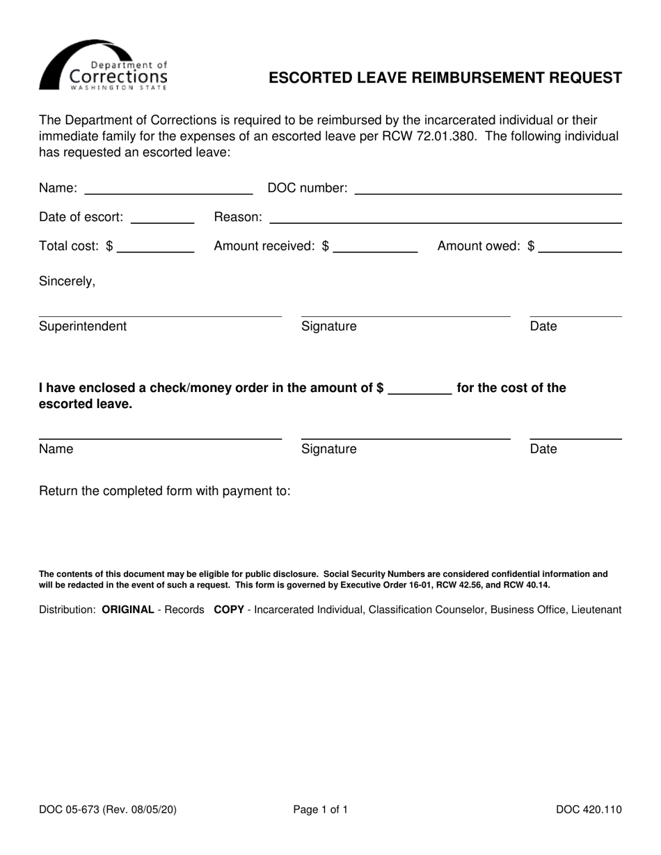 Form DOC05-673 Escorted Leave Reimbursement Request - Washington, Page 1