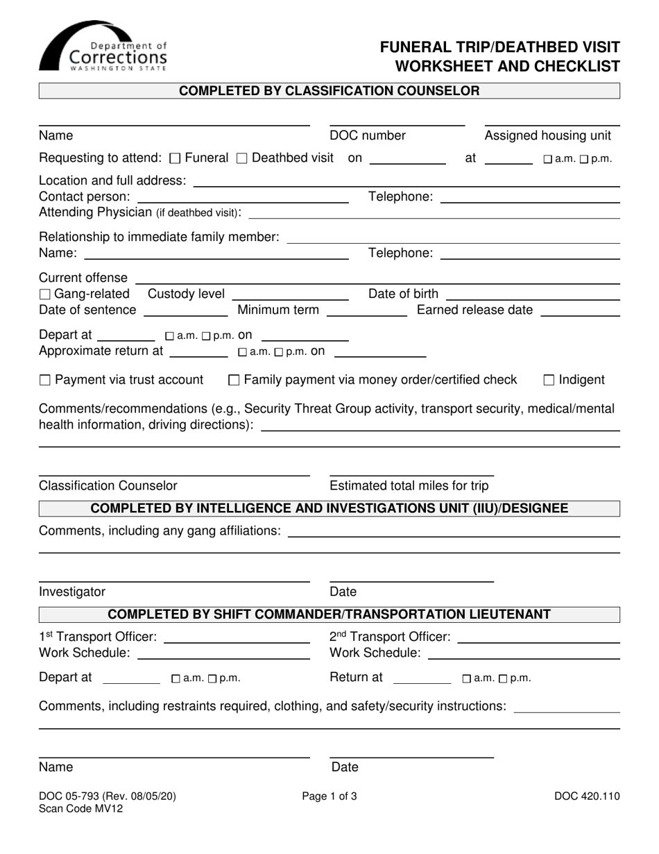 Form DOC05-793 Funeral Trip / Deathbed Visit Worksheet and Checklist - Washington, Page 1