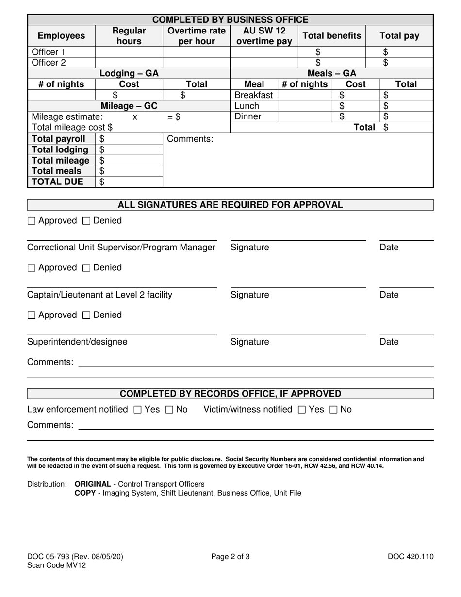 Form DOC05-793 Funeral Trip / Deathbed Visit Worksheet and Checklist - Washington, Page 2
