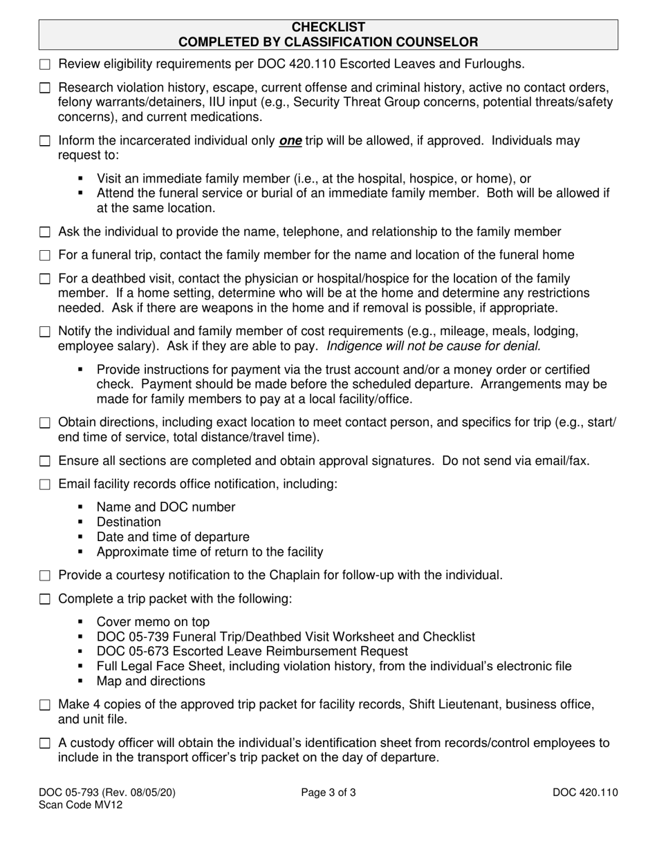 Form DOC05-793 Funeral Trip / Deathbed Visit Worksheet and Checklist - Washington, Page 3