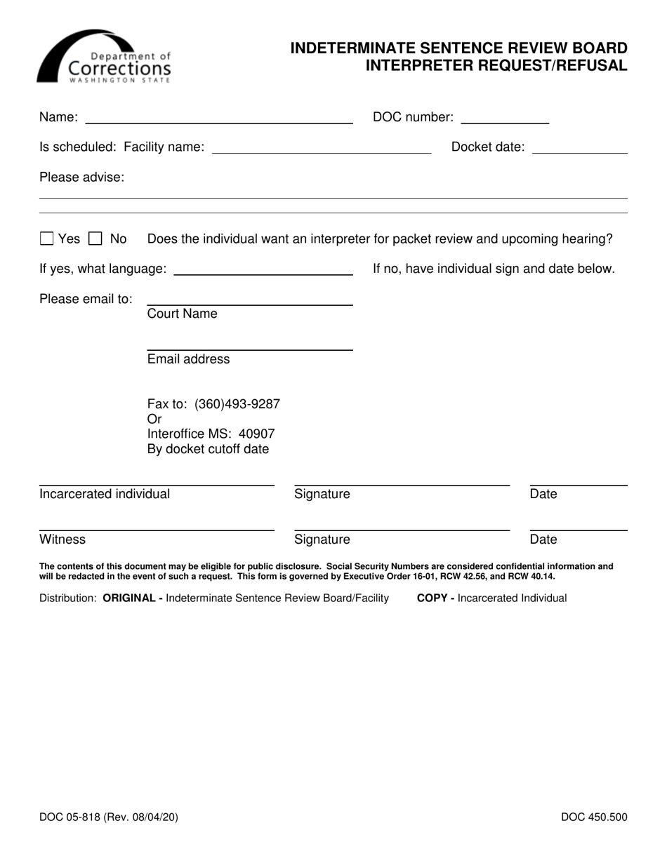 Form DOC05-818 Indeterminate Sentence Review Board Interpreter Request / Refusal - Washington, Page 1