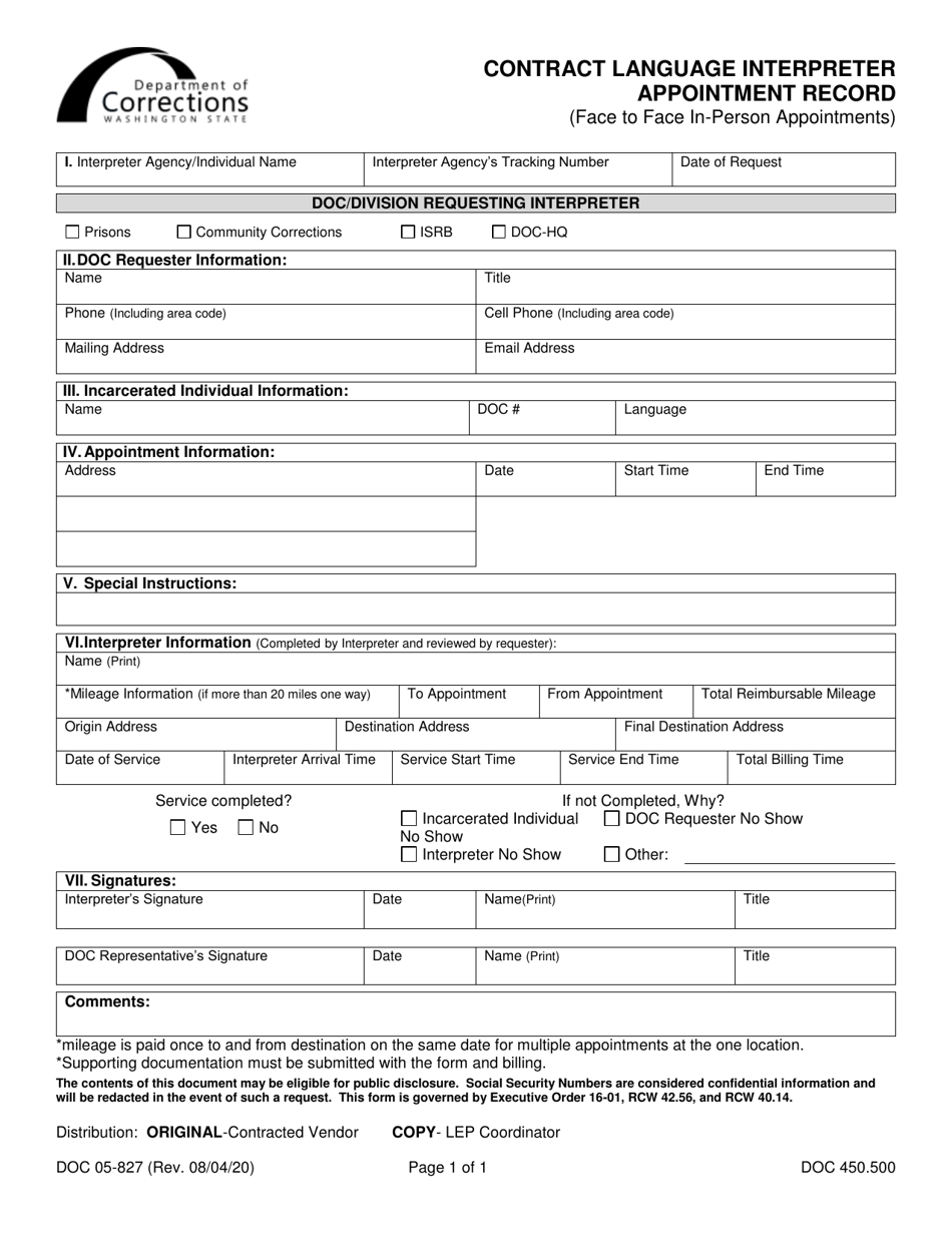 Form DOC05-827 Contract Language Interpreter Appointment Record - Washington, Page 1