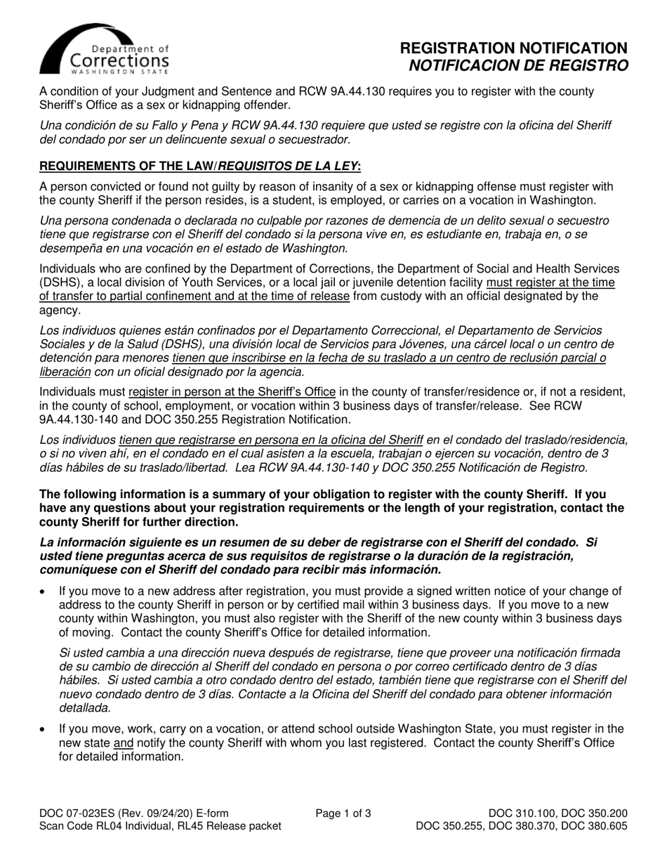 Form DOC07-023ES Registration Notification - Washington (English / Spanish), Page 1