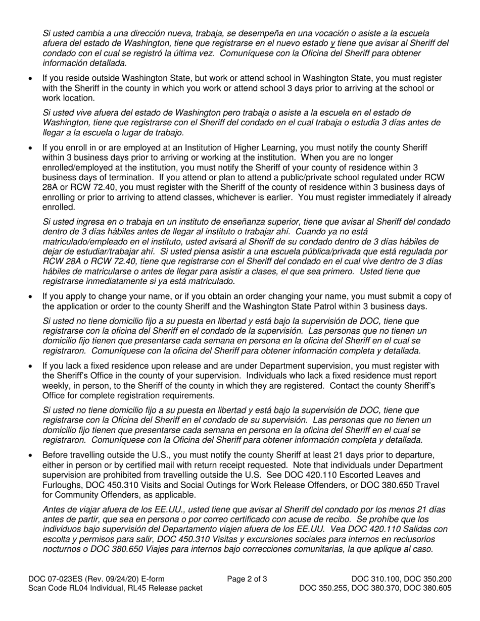 Form DOC07-023ES Registration Notification - Washington (English / Spanish), Page 2