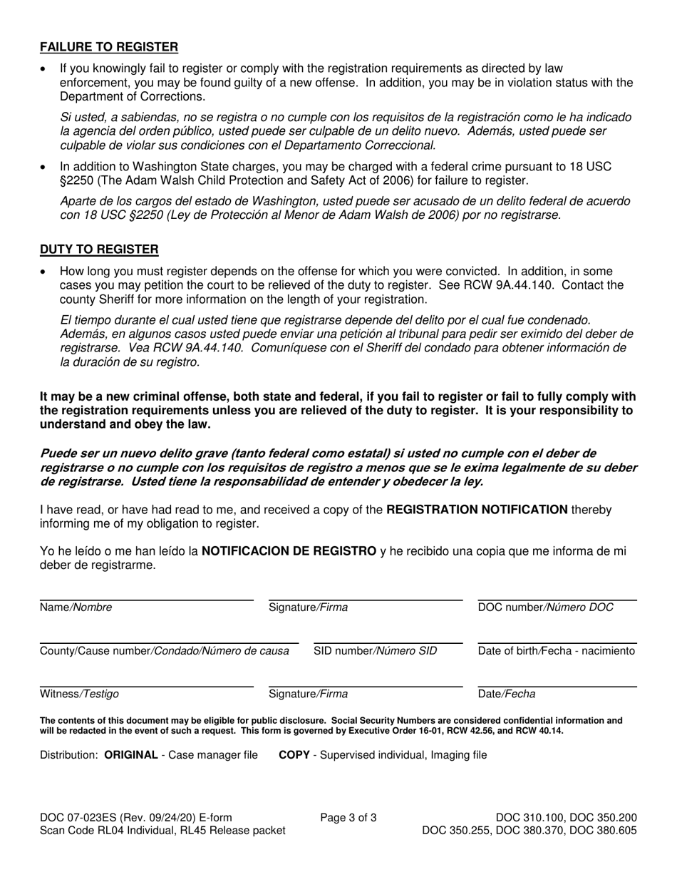 Form DOC07-023ES Registration Notification - Washington (English / Spanish), Page 3