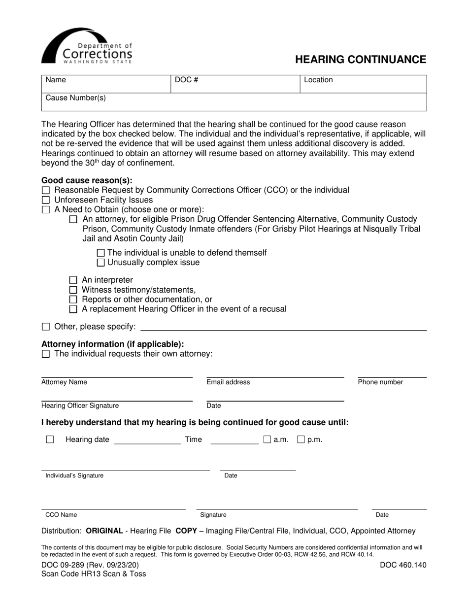 Form DOC09-289 Hearing Continuance - Washington, Page 1