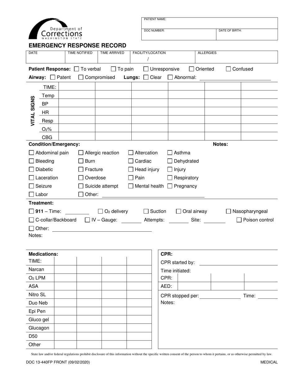 Form DOC13-440FP Emergency Response Record - Washington, Page 1