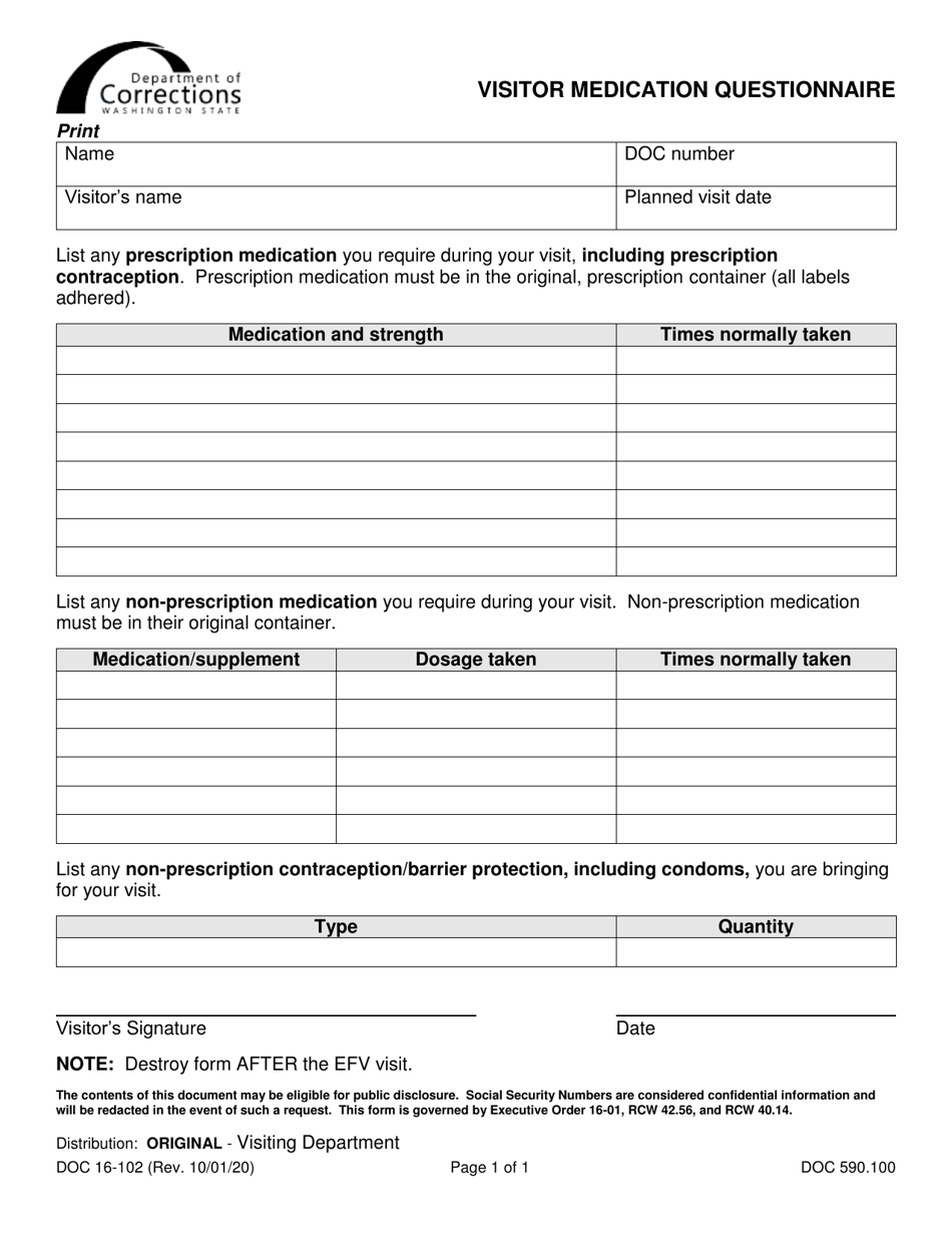 Form DOC16-102 Visitor Medication Questionnaire - Washington, Page 1