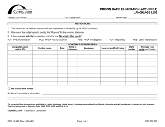 Document preview: Form DOC16-340 Prison Rape Elimination Act (Prea) Language Log - Washington