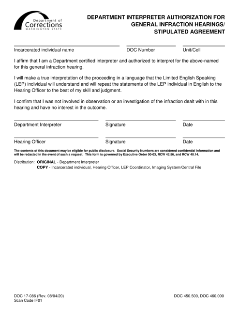 Form DOC17-086 Department Interpreter Authorization for General Infraction Hearings/Stipulated Agreement - Washington