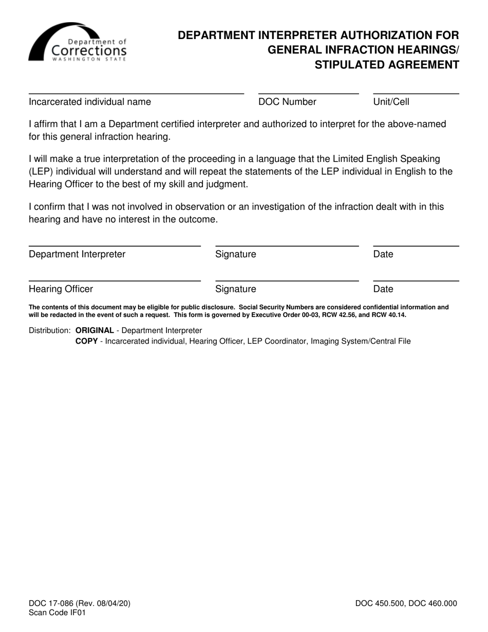 Form DOC17-086 Department Interpreter Authorization for General Infraction Hearings / Stipulated Agreement - Washington, Page 1