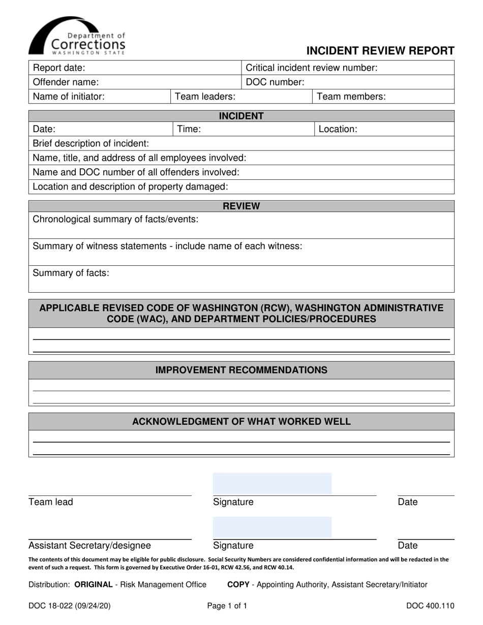 Form DOC18-022 Incident Review Report - Washington, Page 1
