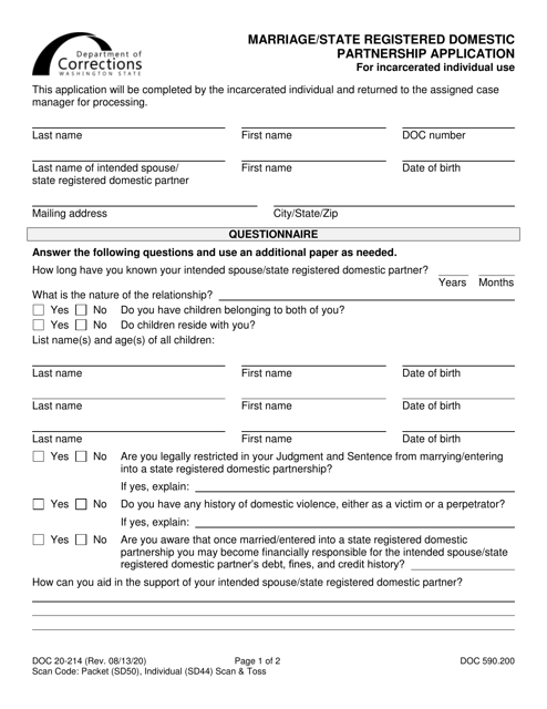 Form DOC20-214 Marriage/State Registered Domestic Partnership Application - Washington