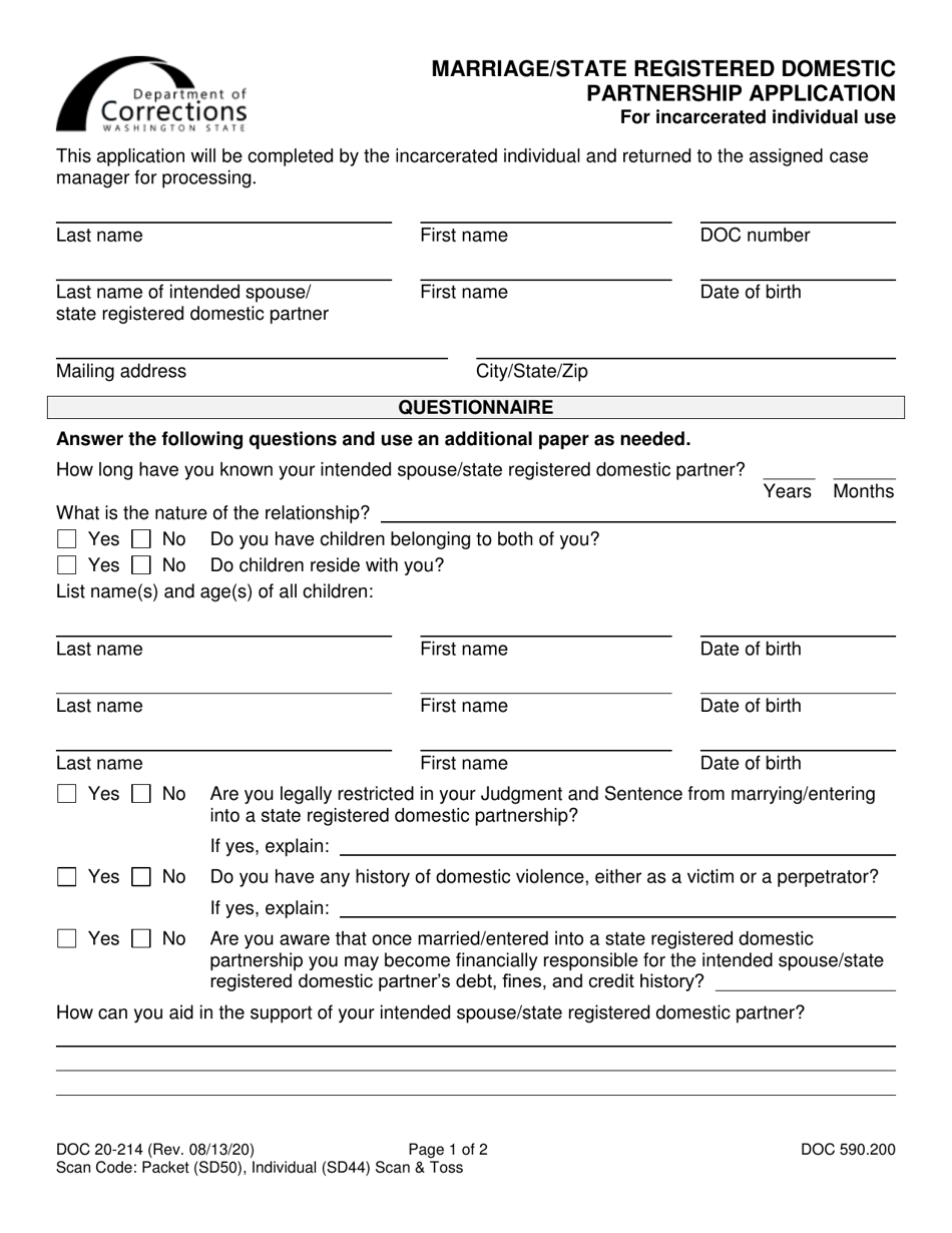 Form DOC20-214 Marriage / State Registered Domestic Partnership Application - Washington, Page 1