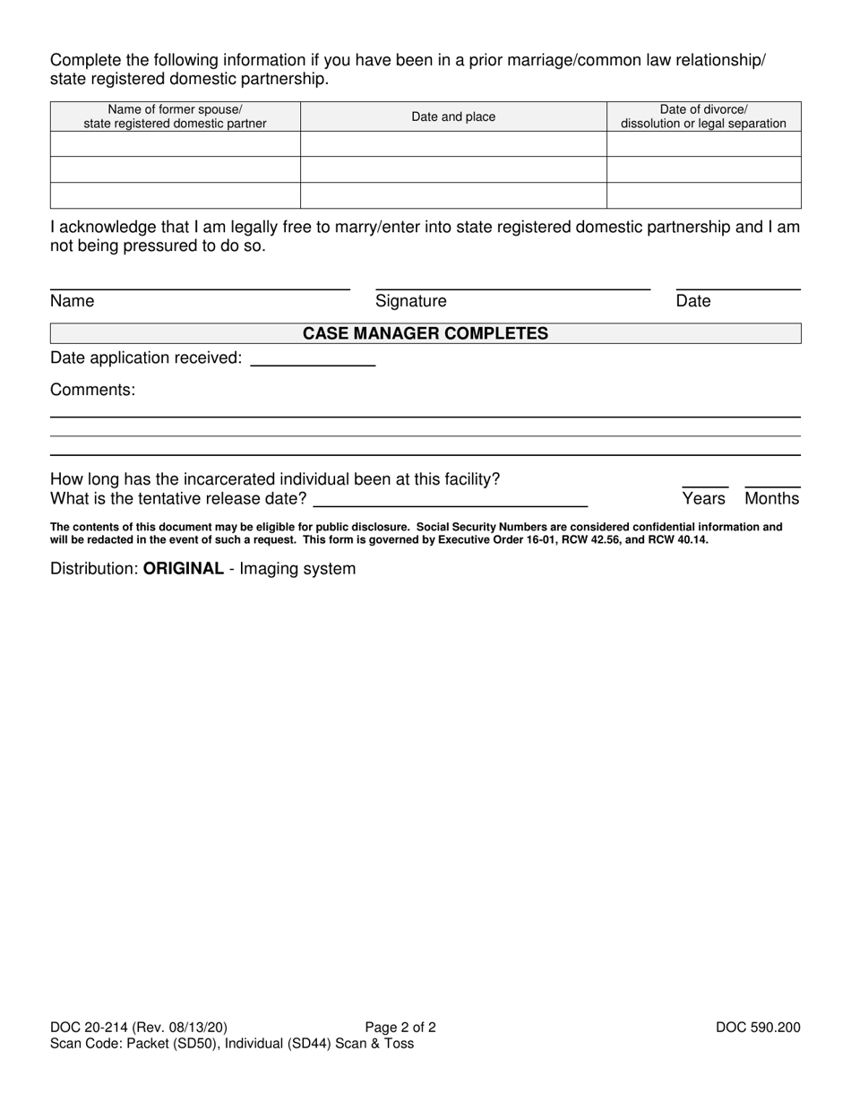 Form DOC20-214 Marriage / State Registered Domestic Partnership Application - Washington, Page 2