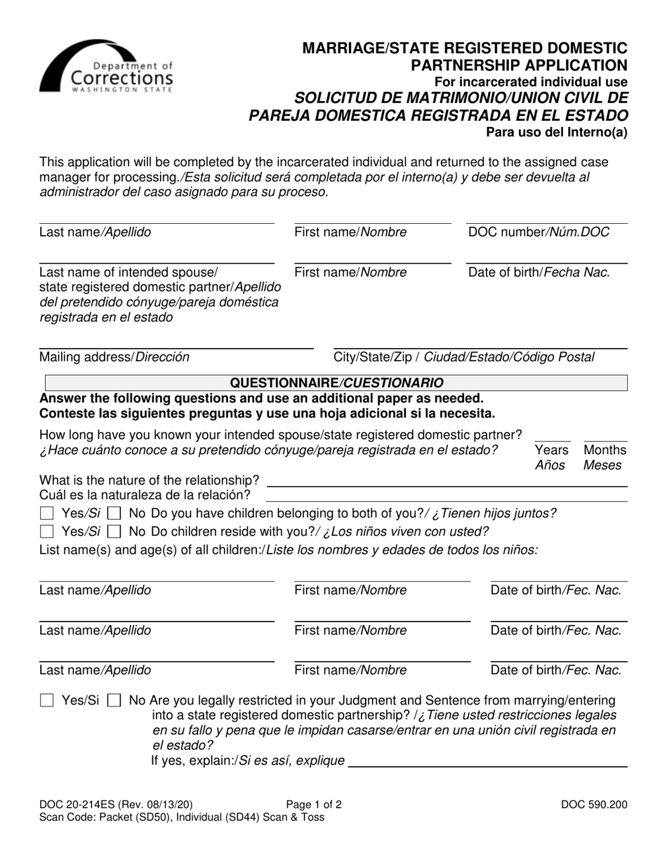 Form DOC02-214ES Marriage / State Registered Domestic Partnership Application - Washington (English / Spanish), Page 1